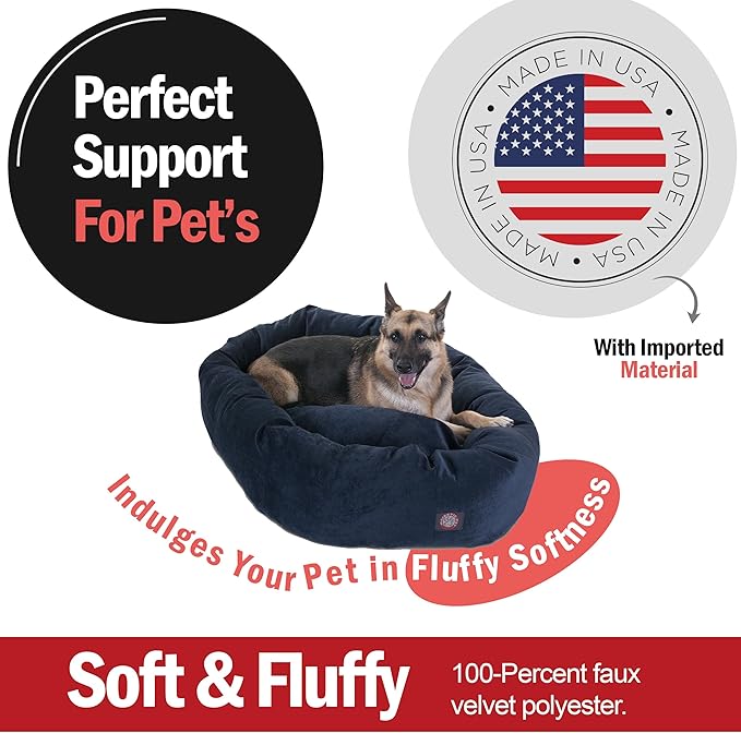 Majestic Pet 52 Inch Micro Velvet Calming Dog Bed Washable – Cozy Soft Round Dog Bed with Spine for Head Support - Fluffy Donut Puppy Mat 52x35x11 (inch) X- Large – Navy