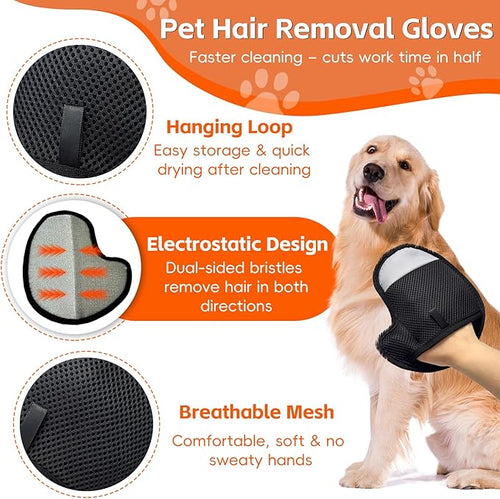 2 Pcs Pet Hair Remover Gloves for Cats & Dogs, Electrostatic Cat Hair Remover Dog Grooming Gloves, Reusable Pet Hair Cleaning Tool Washable Pet Hair Mitt for Carpet Curtain Clothing Couch Car Seat