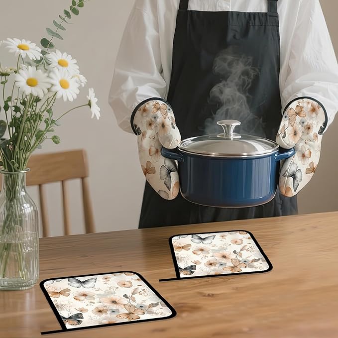 Butterfly Oven Mitts and Pot Holders,Boho Floral Flower Heat Resistant Oven Mitts Gloves and Pot Holder for Home Kitchen Decorations Cooking Baking BBQ Gifts,Set of 4