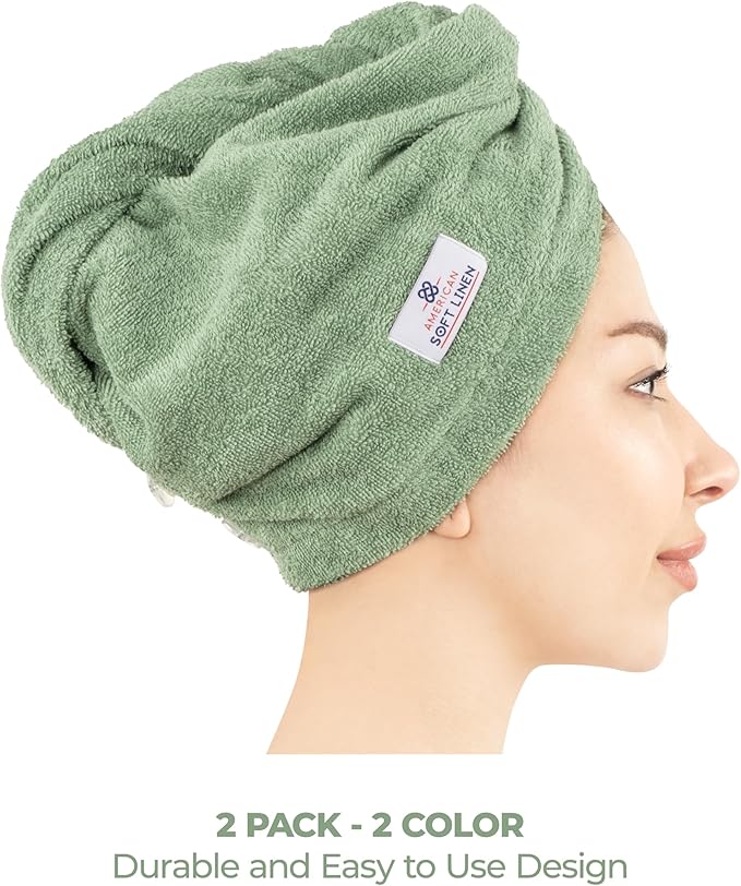 American Soft Linen 100% Cotton Hair Towels for Women, Head Towel Cap, Cotton Hair Turban Towel Wrap for Hair, Soft and Absorbent Cotton Hair Towels 2 Pack, Sage Green-Light Gray