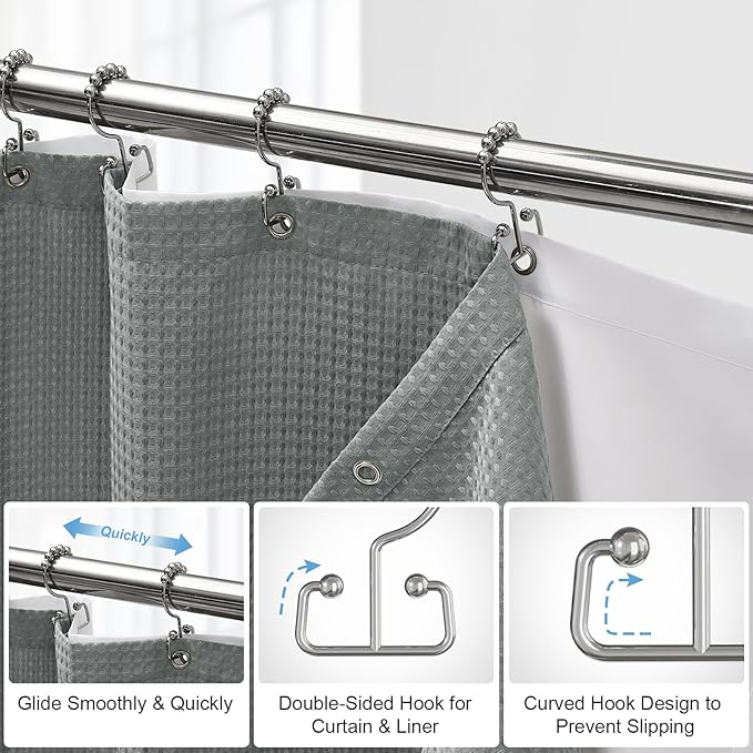 ROLIZOE 3-in-1 Waffle Texture Shower Curtain Set with TPU-Coated Waterproof Liner and 12 Upgraded Double-Sided Hooks, Well-Matched Sizes for a Seamless Fit – Gray, 72" x 78"