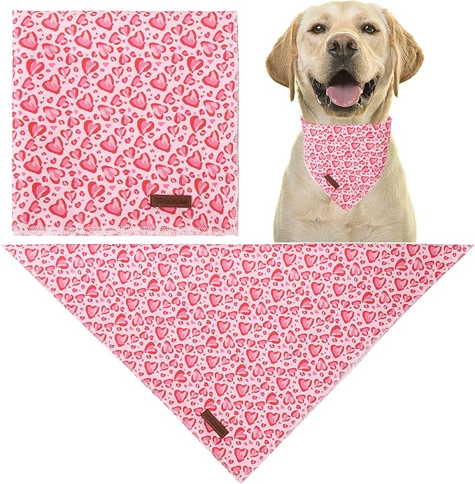 UP URARA PUP Valentine Triangle Pink Heart Bandana, Cotton Kerchief for Small to Medium Dogs or Cats, Adorable Puppy or Boy Dog Scarf