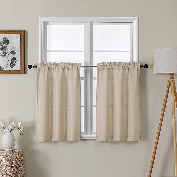 Lecloud Bessie Kitchen Curtains 30 Inch Length 2 Pcs, Linen Color Faux Linen Light Filtering Tiers, Short Window Treatments for Bedroom with Dual Rod Pocket, Each 30 W x 30 L