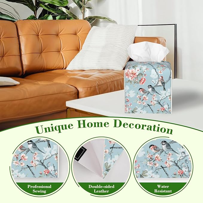 Pink Flowers Birds Tissue Box Cover,Watercolor Floral and Bird Waterproof Leather Square Tissue Box Cover Case Facial Paper Organizer Dispenser Box Holder for Home Office Bathroom Vanity Countertop