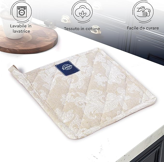 Pot Holders for Kitchen | Heat Resistant Pads | Set of 2 | Hot Dish Holder Sets | 8x8 in |for Cooking, Baking, Grilling, Microwave & BBQ, Chambray Beige by Encasa XO