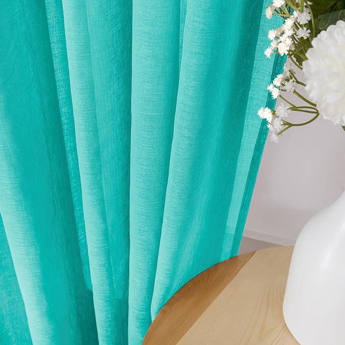 Tollpiz Sheer Tier Curtains Kitchen Linen Textured Half Curtain Sheers Light Filtering Rod Pocket Voile Bathroom Short Curtains for Farmhouse, 25 x 30 inches Long, Aqua Blue, Set of 2 Panels