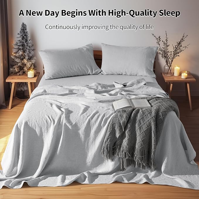 LBRO2M 100% Linen Sheet Set Queen Size, Bed Sheets 4 Piece Sets, Solid Color Natural Flax Bed Sheets Soft Breathable Bedding,16" Deep Pocket,All Season (Queen, Grey)
