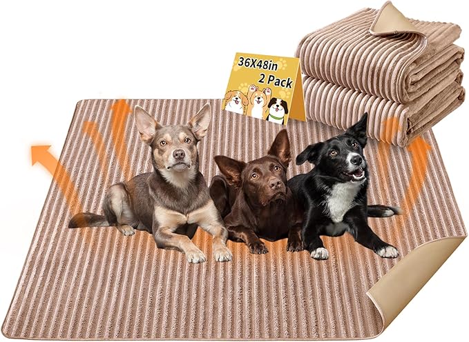 Dog Crate Mat, 2 Pack 36"×48" Flannel Washable Pet Mat for Dogs and Cats, Non-Slip Pet Pad for Kennel Training, Absorbs Urine and Waterproof Pad for Sofa Bed Crate Kennel Car Seat Floor（Khaki）