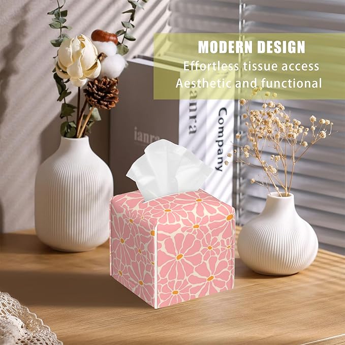 BLYKVGHQ Pink Retro Groovy Flower Tissue Box Cover Square, Tissue Box Holder with Bottom Belt Leather Facial Paper Organizer Dispenser for Bathroom Bedroom Dresser Night Stand Tabletop