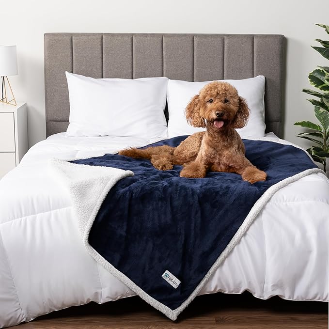 PetAmi Waterproof Dog Blanket for Medium Large Dog Puppy Cat Throw for Couch Cover Leakproof Protection, Sherpa Fleece, Reversible Soft Washable 60x40 Navy Blue