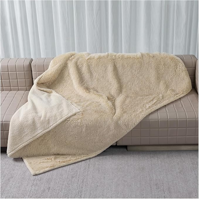 Wowchine Waterproof Cream Calming Dog Blanket Beige Fluffy Long Faux Fur Pet Throw Blankets for Cats Puppy Couch Sofa Covers Washable Love Bed Cover(Beige,M-57x40in)