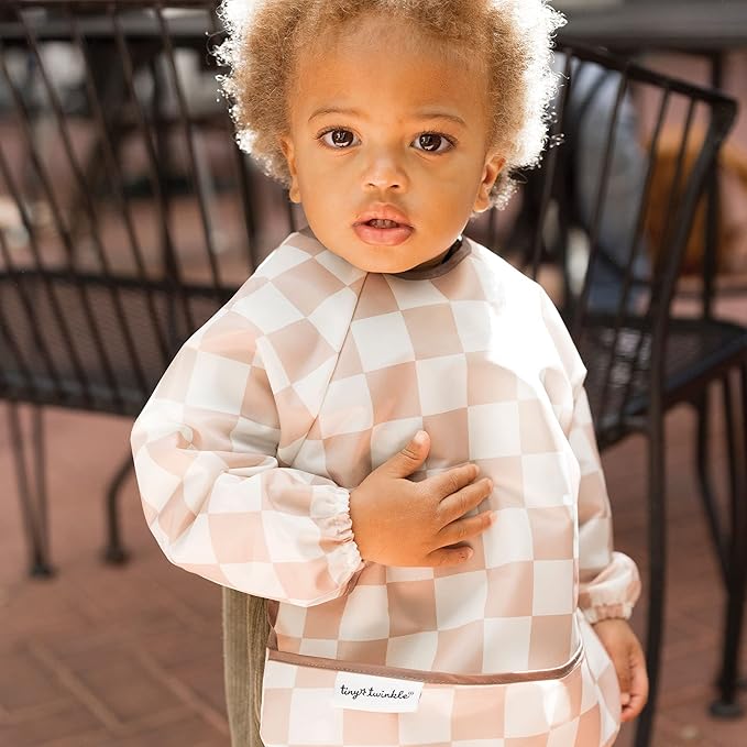 Tiny Twinkle Long Sleeve Bib for Babies & Toddlers | 2-Pack Waterproof Smock Bib for Eating | Machine Washable & Mess-Proof Feeding Essentials | Newborn Shower Gift (Pink,Beige Checkers, 6-24M)