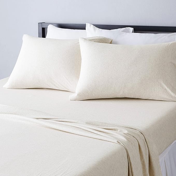 Amazon Basics 4 Piece Bed Sheets Set, 100% Cotton Jersey, Includes Super Soft, Flat and Fitted Sheets, Pillowcase, Full, Oatmeal, Solid