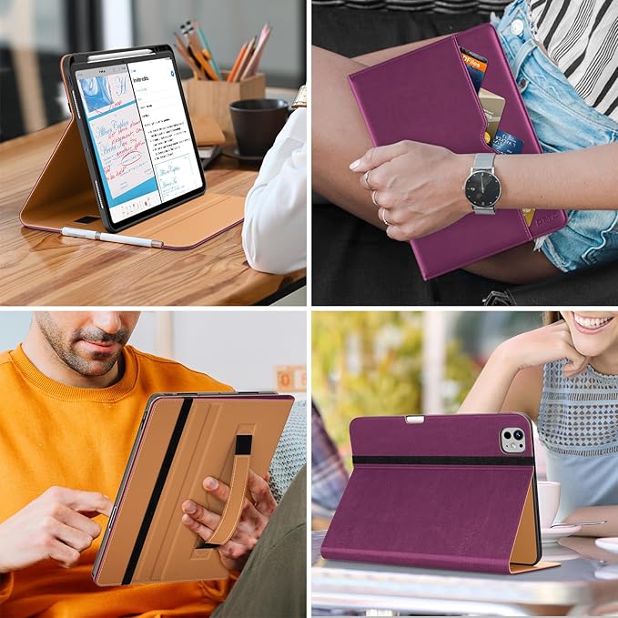 DTTO for iPad Pro 13 inch Case (M5/M4) 2025/2024, Premium Leather Business Folio Stand Cover with Pencil Holder - Auto Wake/Sleep & Multiple Viewing Angles, Built in Hand Strap & Pocket, Purple