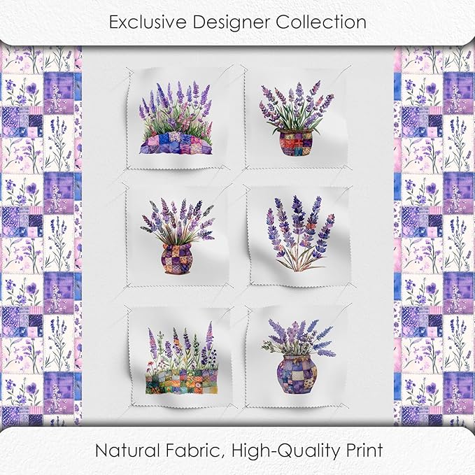 Lavender Patchwork Cotton Fabric Panel – 6 Designs (10×10 inch Each) + Bonus Sheet 29.5×19.6 inch, 100% Cotton 140 GSM, Made in Türkiye
