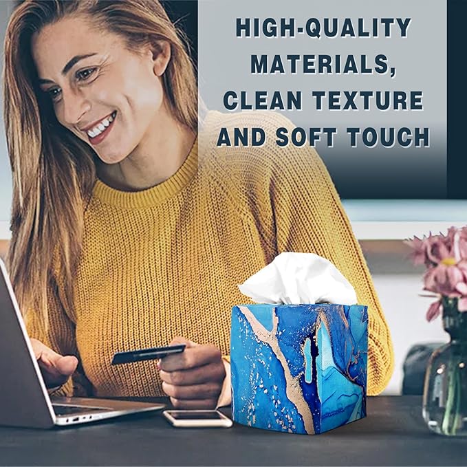 Tissue Box Cover Square Decorative Tissue Box Holder Cute Funny Cube Tissue Case Cover-Blue Marble Tissue Box Cover
