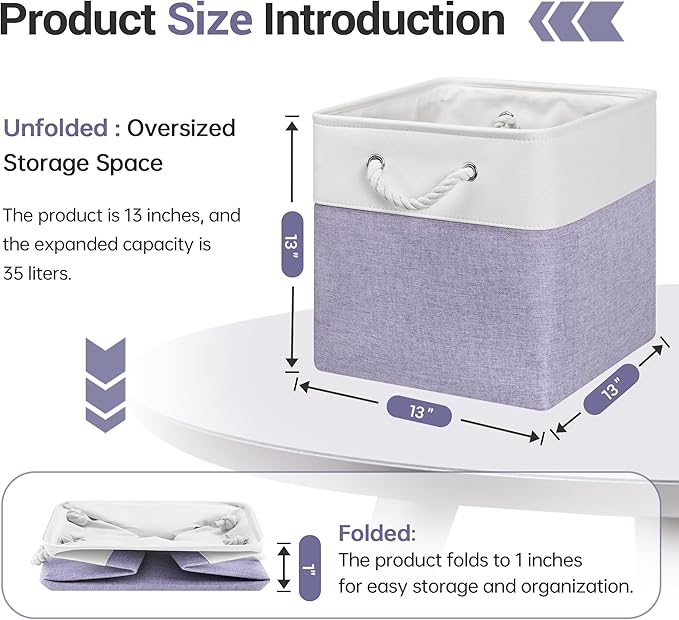 ECDYQXVU 13x13 Inch Cube Storage Bins with Reinforced Bottom Cardboard, 6 Pack Large Foldable Fabric Storage Cubes with Handles for Shelf, Closet, Laundry Organization (White&Purple)