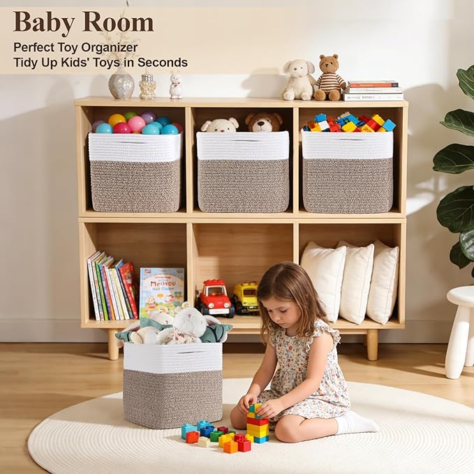 Storage Cubes 11 Inch Storage Baskets for Shelves, Cotton Rope Woven Baskets for Organizing, Cube Storage Square Bins for Toy, Playroom Decor, Classroom, Closet, White+brown, 1pack