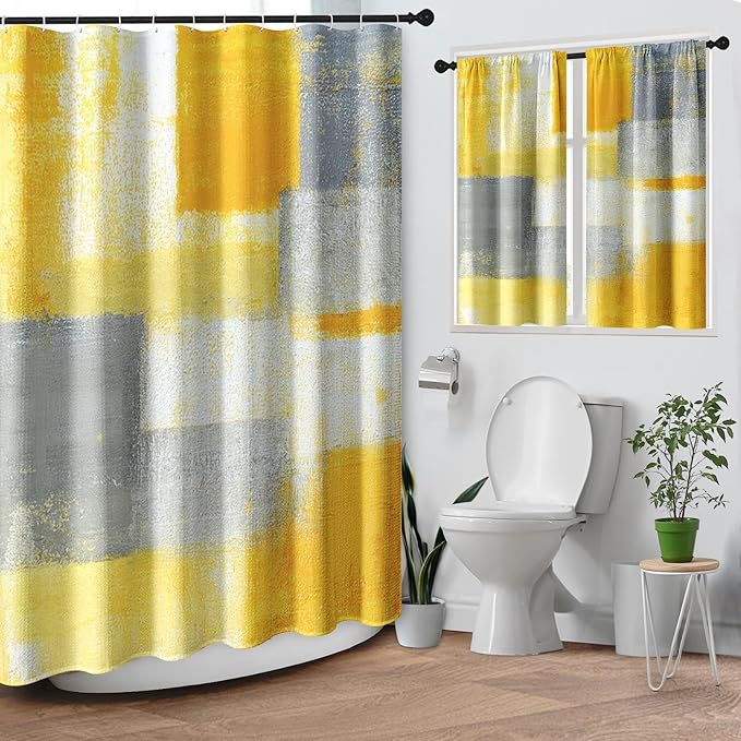 Culudea Grey Yellow Painting Shower Curtain Set, Gray Contemporary Abstract Bathroom Window Waterproof Shower Curtain Set for Bathroom Decor