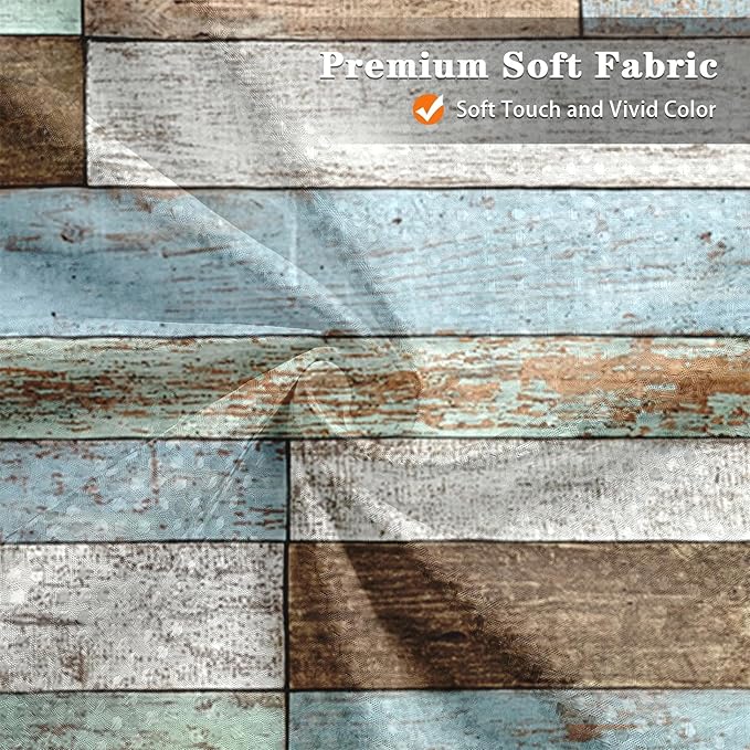 Culudea Wood Rustic Vintage Blue Brown Waffle Textured Cloth Shower Curtain Set, Farmhouse Retro Bathroom Window Waterproof Shower Curtains for Bathroom Decor
