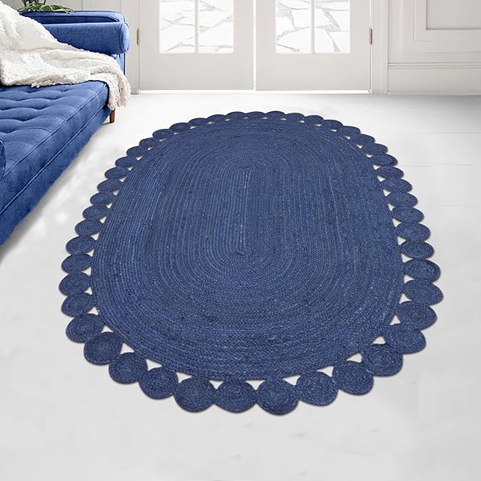 Runner - Oval Rug 2.6x8 Area Rug Kilim Rug Blue Solid Design 0.27 inches ThickIndoor Outdoor Rug Flatweave Rug High Traffic Area Lake House Bedroom Bedside Oval Kitchen Hallway