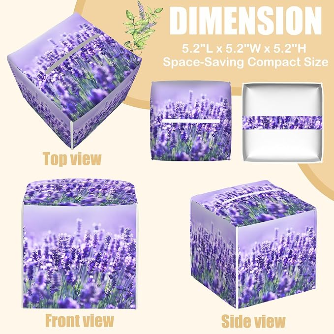 BLYKVGHQ Lavender Flowers Tissue Box Cover Square, Tissue Box Holder with Bottom Belt Leather Facial Paper Organizer Dispenser for Bathroom Bedroom Dresser Night Stand Tabletop