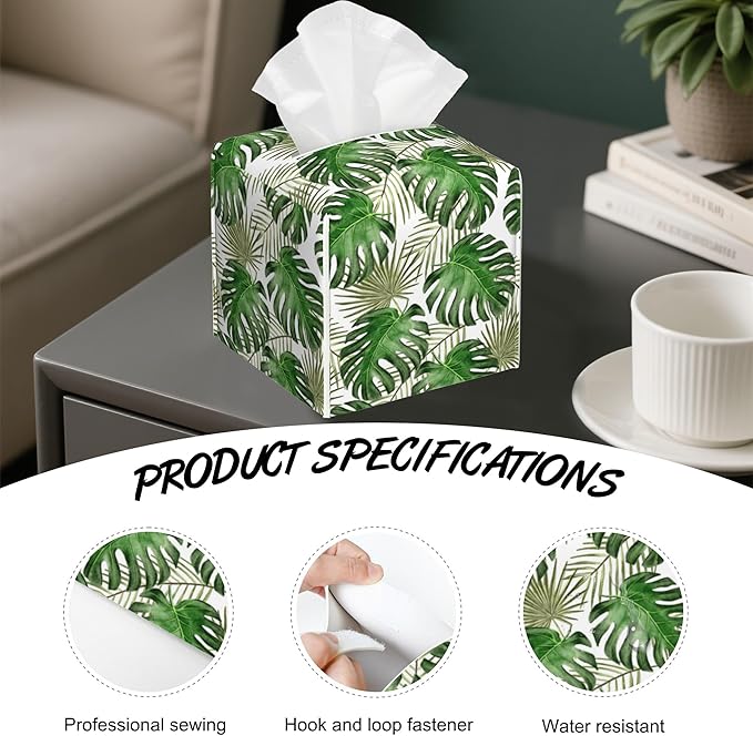 Tropical Palm Leaves Tissue Box Holder,Cube Tissue Box Cover Holder,Leather Facial Paper Organizer Dispenser Home for Bedroom Night Stands,Kitchen,Office and Car,5.2"×5.2"×5.2"