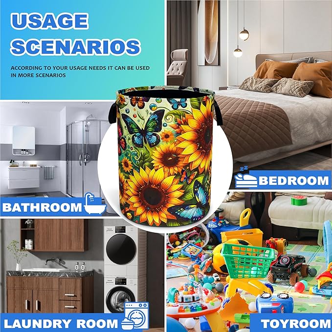 Beautiful Butterfly Sunflower Laundry Basket Oxford Cloth Laundry Hamper With Handle Foldable Portable Clothes Storage Basket 18.9 X 16.5 In Storage Bag For Laundry Room/Bathroom/Bedroom/Dormitories
