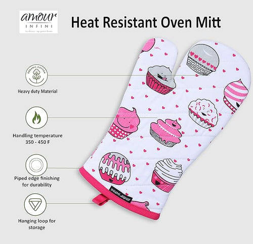 AMOUR INFINI Oven Mitts Set of 1 Quilted Liner with Hanging Loop Non Slip, Heat Resistant, Washable Reusable Oven Mitt (Valentine Cup Cake 7x13 Inches)