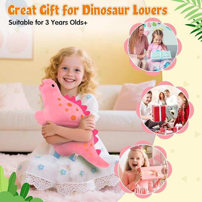 BB FUN HOUSE Dinosaur Pillow Plush, Stuffed Animal Birthday Gift Dino Decorative Throw Pillow for Kids Teens Adult Room Decor Soft Plushie Toy, Pink