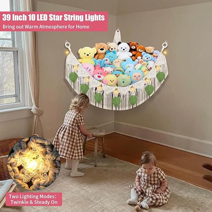 iHansee Stuffed Animal Storage Hammock Corner w/LED Star Light, 56'' Jumbo Boho Tassel Leaf Hanging Stuffed Animal Net Holder, Cream Toy Hammock Plushie Net for Kid Girls Boys Gift Nursery Decor