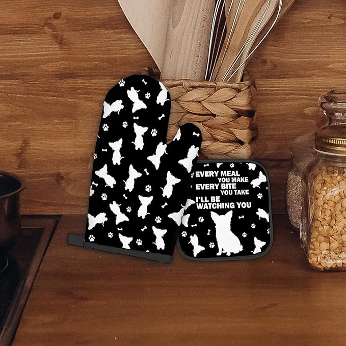 Chihuahua Gifts Dog Oven Mitts and Pot Holders Sets, Chihuahua Decor Dog Kitchen Accessories Sets, Every Meal You Make ChihuahuaDog Heat Resistant Oven Glove Potholders for Kitchen Baking