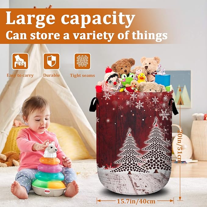 Coffee Bean Tree Laundry Basket with Sturdy Handles, Red Christmas Snowflake Collapsible Oxford Cloth Laundry Hamper Organizer Basket for Bathroom Bedroom 15.7x20 Inch