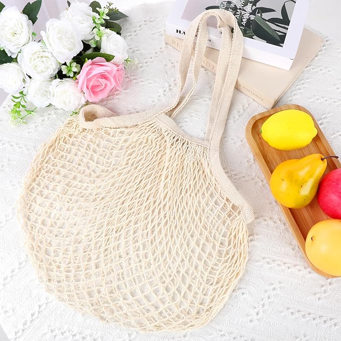 Gtziqa 2 Pack Reusable Mesh Grocery Bags, String Bags Cotton Net Tote Produce Bag Washable Long Handle Farmers Market Bag Portable Fruit and Vegetable Bags, Beige