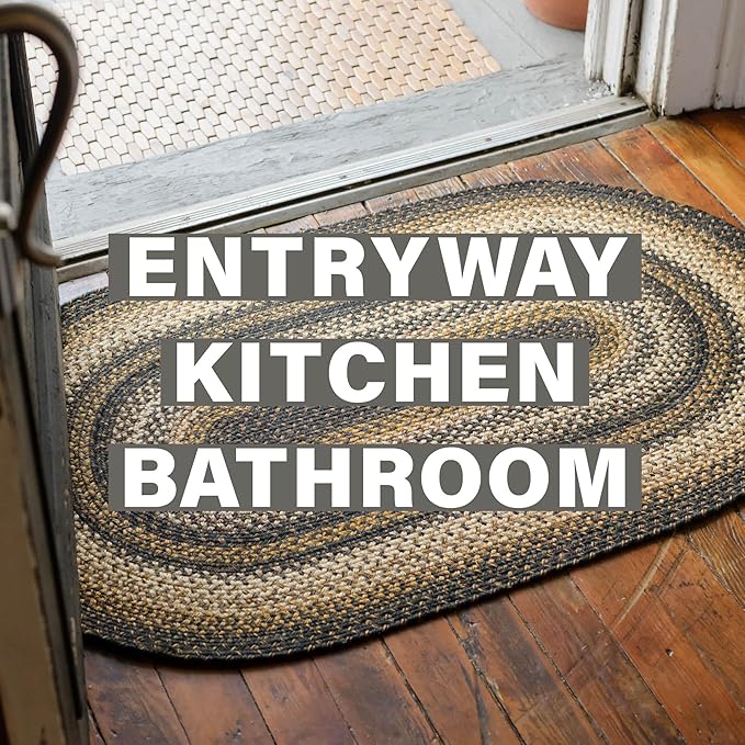 Homespice Kilimanjaro Black & Tan Oval Jute Rug 20x30 - Braided Kitchen Rugs for Primitive Farmhouse Kitchen Decor, Reversible, No Shed Jute for Easy Maintenance