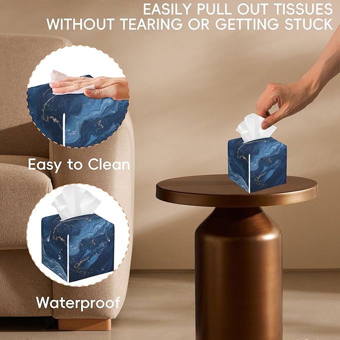 Tissue Box Cover Leather Tissue Box Holder Cube Tissue Case Cover Facial Paper Organizer Dispenser for Bathroom, Vanity Countertop, Office Desk (Abstract Blue Marble with Gold Veins)