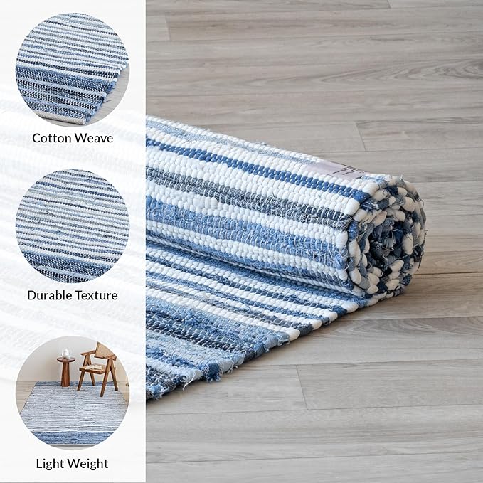 HOMEMONDE Denim Rag Rug 3'x5' Blue Recycled Soft Cotton Chindi Hand Crafted Reversible Boho Rugs for Bedroom, Living Room, Kitchen, Entyrway