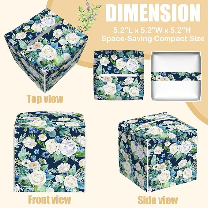 BLYKVGHQ Botanical Leaves Square Tissue Box Cover Watercolor Flowers Tissue Box Holder Facial Cube Paper Dispenser Leather Decorative Organizer Home Office Desk Decor, 5.2"x5.2"x5.2"