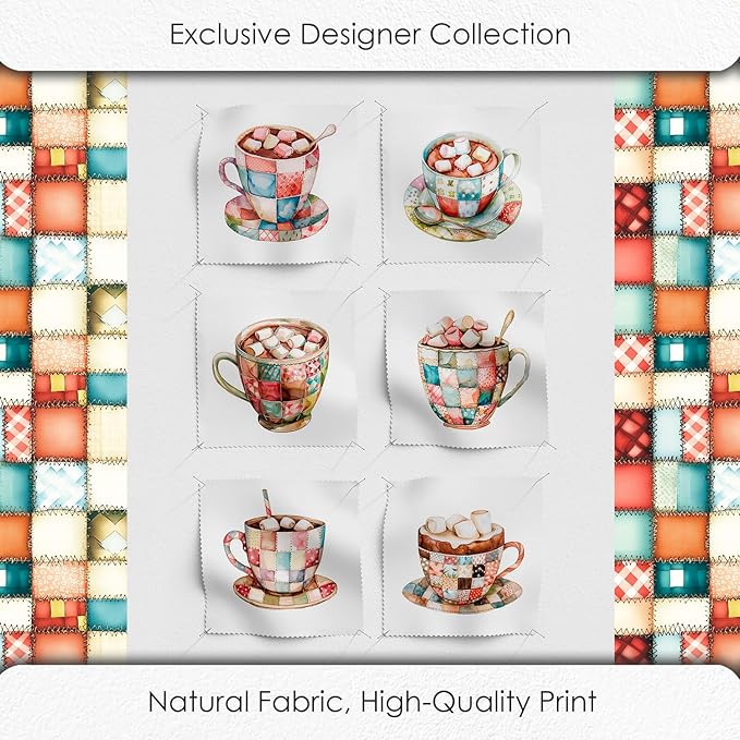 Patchwork Hot Cocoa Cotton Fabric Panel – 6 Designs (10×10 inch Each) + Bonus Sheet 29.5×19.6 inch, 100% Cotton 140 GSM, Made in Türkiye