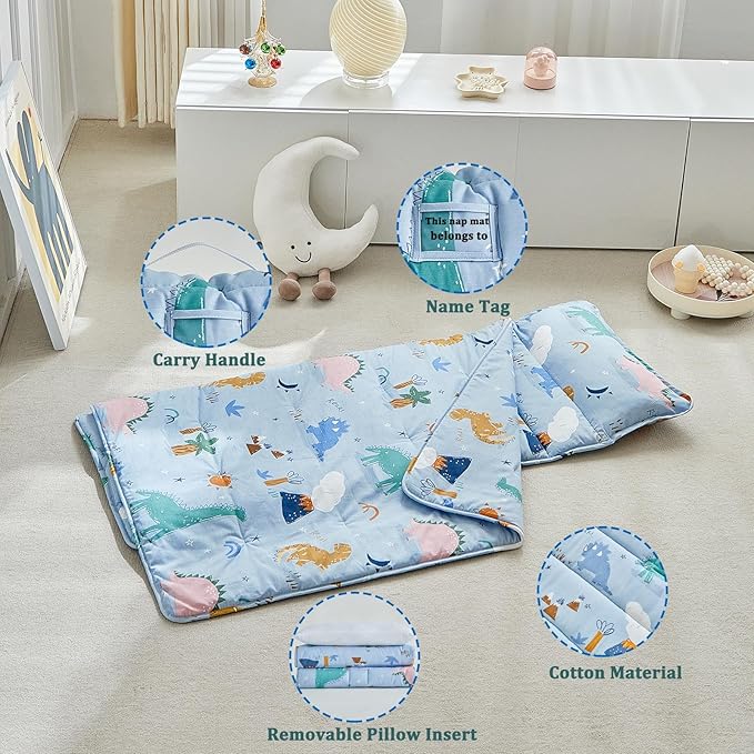 DuShow Cotton Toddler Nap Mat Dinosaur,Roll Up Slumber Bags for Boys,Toddler Nap Mat with Removable Pillow, Kids Sleeping Mat for Daycare and Preschool Kindergarten-Blue ﻿