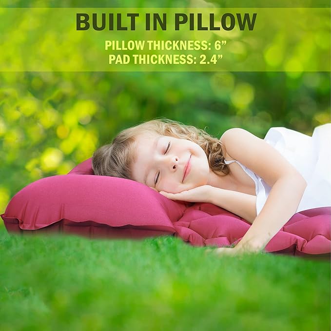 Kids Sleeping Pad for Camping and Sleepovers with Pillow, Inflatable Camping Mattress for Backpacking & Travel, Thick Toddler Cot Mat, Fast Inflating Camping Sleeping Pads for Kids