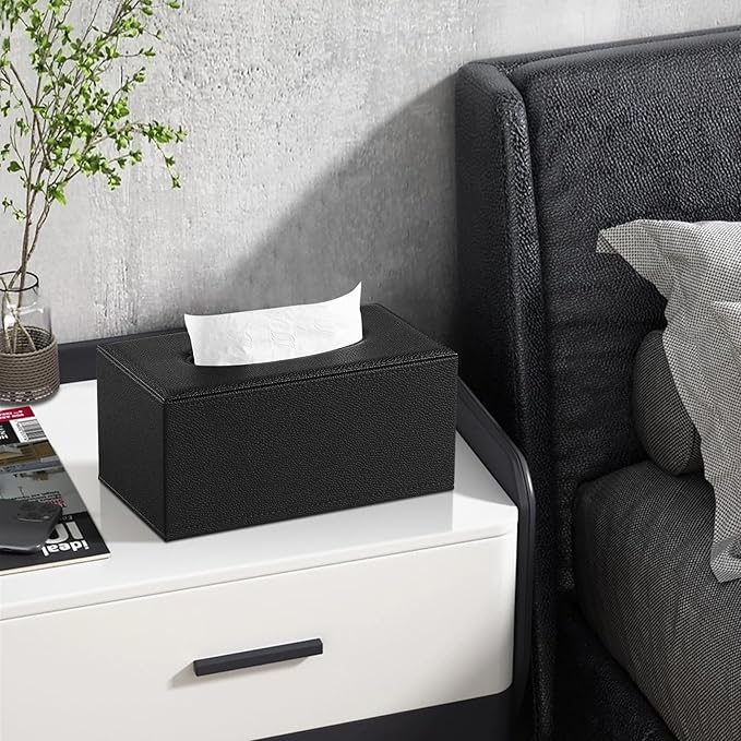 JLAMBOM Rectangle Tissue Box Cover for 120 to 160 Count Box of Tissues, PU Leather Tissue Holder with Magnetic Closure (Black)