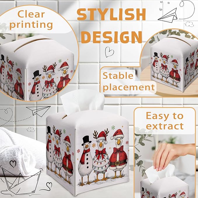 Vintage Christmas Goose Tissue Box Holder, Retro Christmas Leather Tissue Box Cover Square, Paper Facial Decorative Tissues Cover for Bathroom Kitchen Office Home Decor-B27