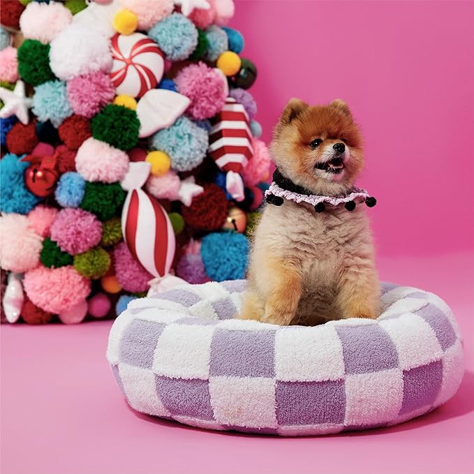 LE SURE Donut Small Dog Bed - Round Cat Beds Indoor Anti-Anxiety Calming Gift for Pets, Cute Modern Beds with Jacquard Shaggy Plush & Anti Slip Bottom, 23 Inch, Purple