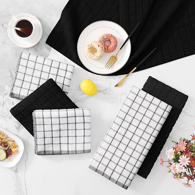 Homaxy Premium Cotton Kitchen Towels 16"x 28", Large Natural Ring Spun 390 GSM Dish Towels, Super Absorbent Terry Kitchen Hand Towels, Soft Tea Towels with Hanging Loop, Black Check Design, 8 Pack