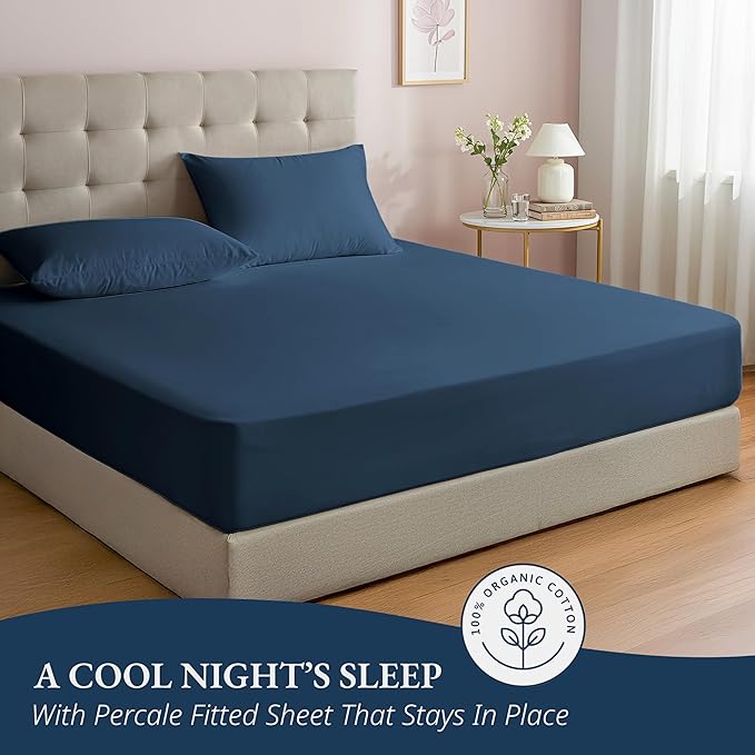 LANE LINEN Full Fitted Sheet, 100% Organic Cotton, 3Pc Set (1 Fitted Sheet,2 Pillowcases), Percale Weave, Full Bed Bottom Sheet, Ultra Soft, Fits Mattress Upto 15" Deep - Estate Blue (No Flat Sheet)