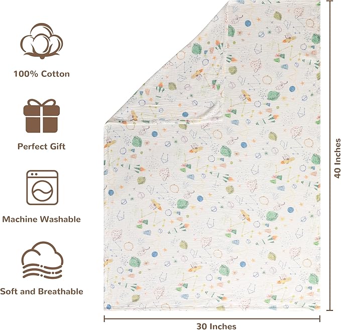NTBAY 2 Layer Muslin Cotton Baby Swaddle Blanket, 30x40 Soft and Breathable Receiving for Newborns and Infants, Perfect for Crib, Stroller, Travel, Lightweight Nursery Blanket, Space Explorer