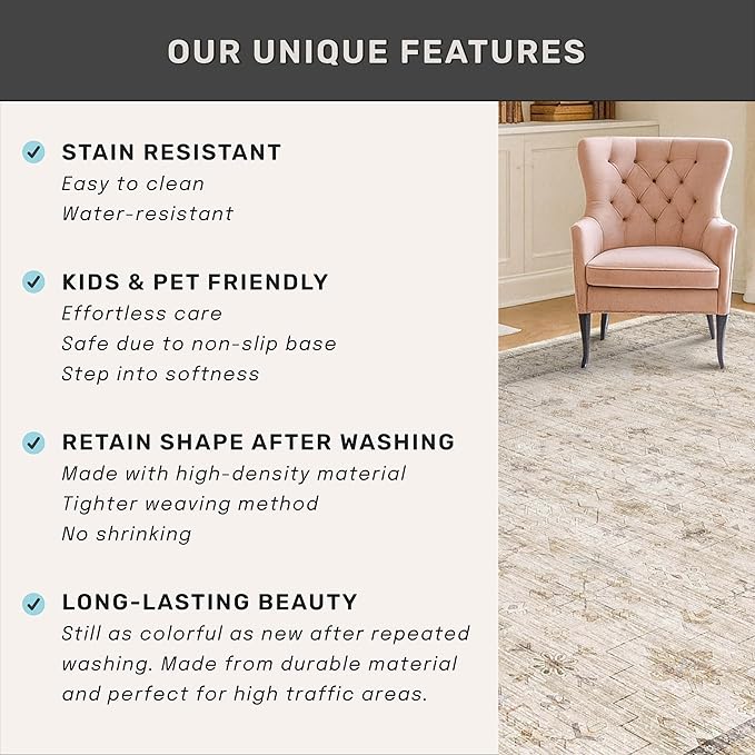 Beige Floral Washabel Area Rug for Living Room - 7x9 Non Slip Rugs for Dining Room Under Table, Bedroom Under Bed, Modern Farmhouse Décor Indoor, Low Pile Soft Geometric Carpet with Rubber Backing