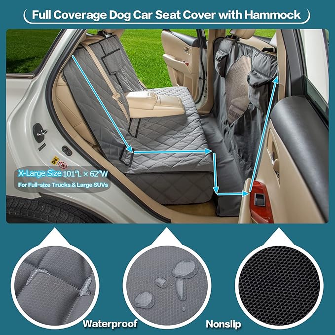YEENIS Car Seat Cover for Dogs with Mesh Window, Bench and Hammock Combination - Detachable, Suitable for Most Vehicles (Grey, X-Large)