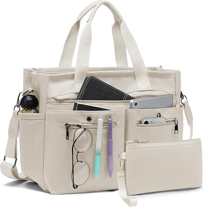Women's Large Canvas Tote Bag Set (2PCs) - Ideal for Laptop, Hobo, Crossbody, Handbag, Travel, Gym & Work
